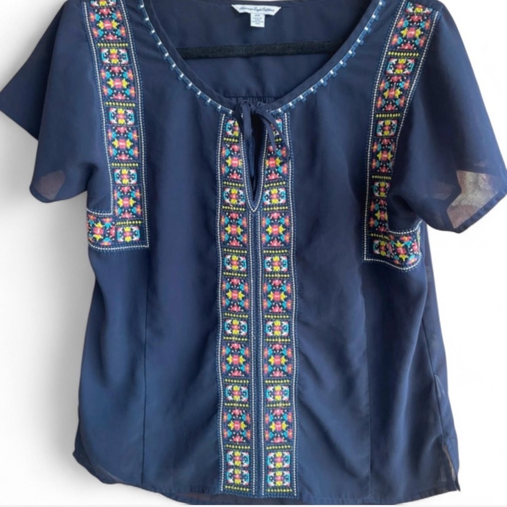 American Eagle Outfitters Navy Blue Embroidered Peasant Blouse